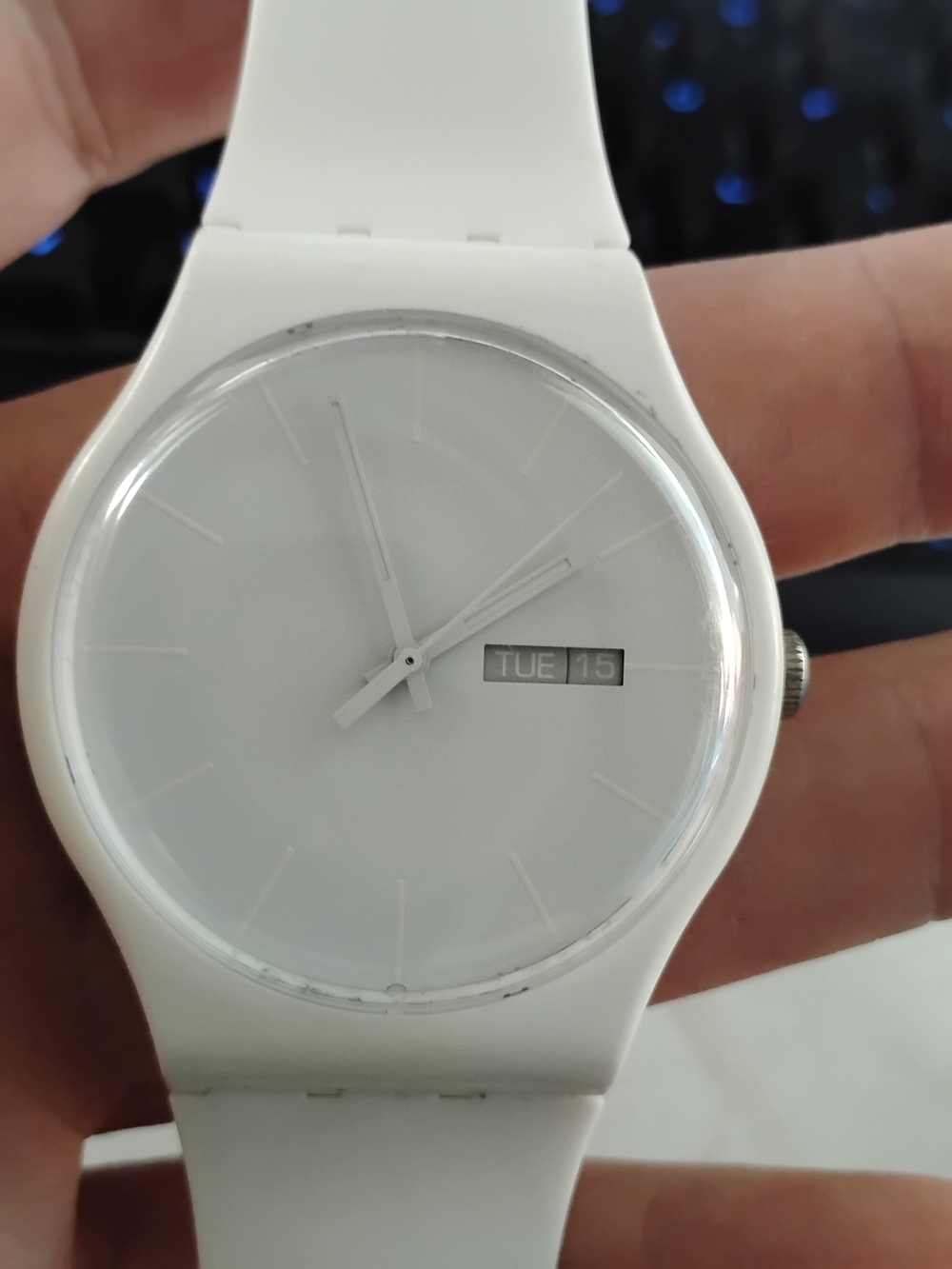 Swatch Ladies White Minimalist Analog Watch with Day-Date Display